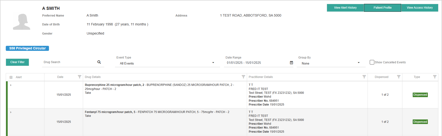 Medication events from above  patient as viewed from within the practitioner portal – Will display fewer records